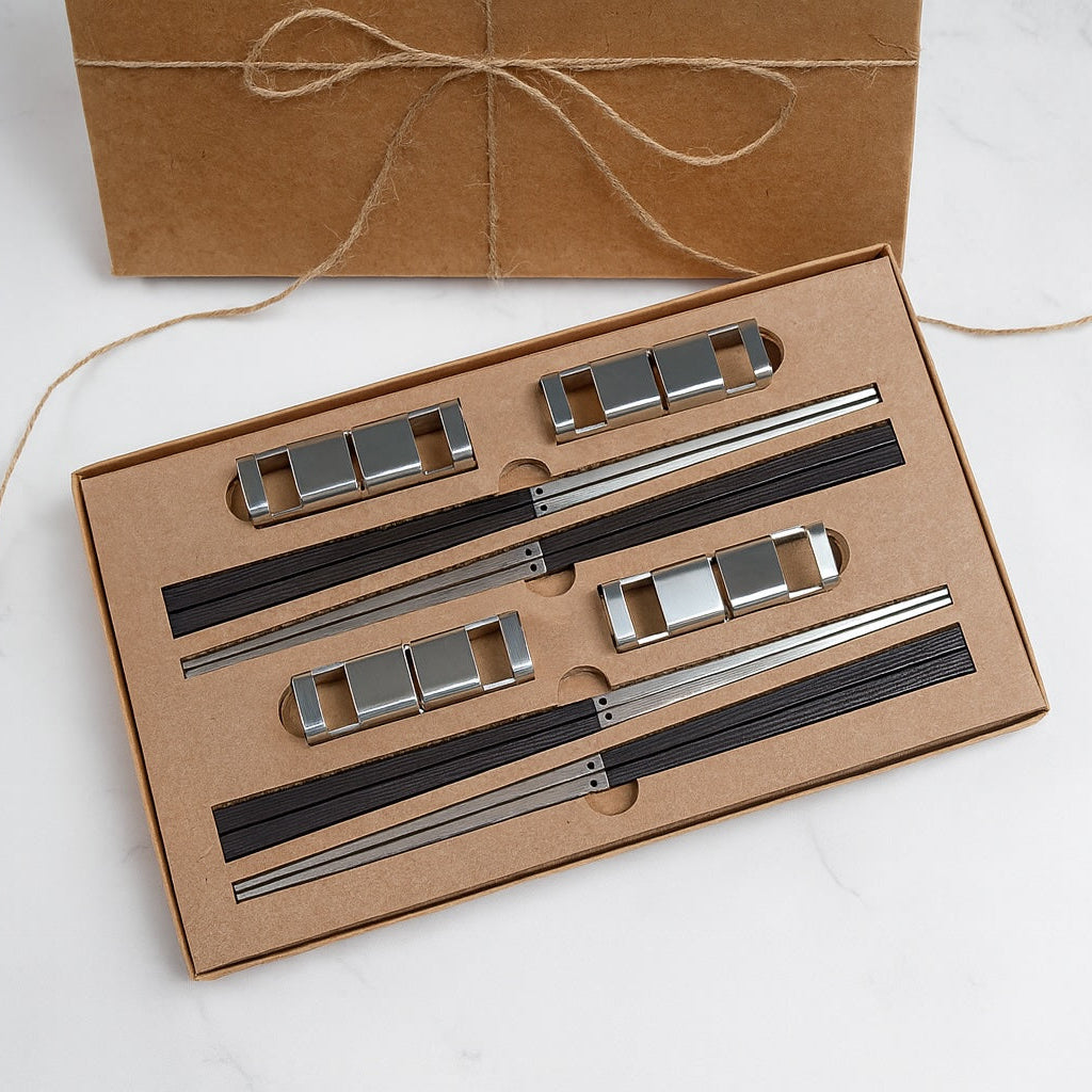 4 sets of 316 stainless steel chopsticks with black handles+304 stainless steel utensil rest s in the radiko 100% recyclable package brown Kraft box on a white background
